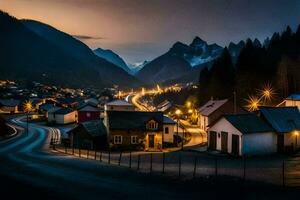 uma Cidade às noite com luzes em a estrada. gerado por IA foto