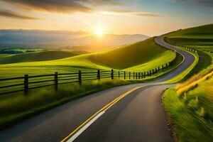 uma enrolamento estrada dentro a campo às pôr do sol. gerado por IA foto