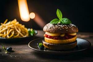 uma Hamburger com queijo e tomate em uma placa. gerado por IA foto