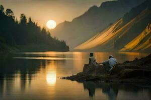 dois pessoas sentado em a Beira do uma lago às pôr do sol. gerado por IA foto