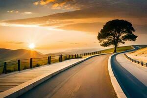 uma estrada conduzindo para uma árvore dentro a pôr do sol. gerado por IA foto