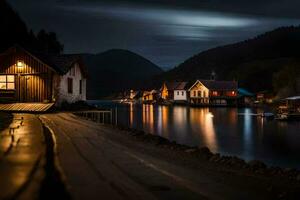 foto papel de parede a lua, noite, a lago, a casas, a barcos, a barcos,. gerado por IA