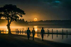 foto papel de parede a lua, a água, a céu, a árvores, a pessoas, a árvores gerado por IA