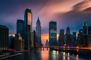a Chicago Horizonte às pôr do sol. gerado por IA foto