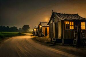 uma estrada às noite com uma casa e uma carro. gerado por IA foto