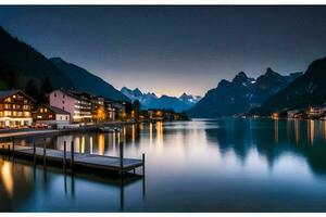 uma lago e uma doca às noite com montanhas dentro a fundo. gerado por IA foto