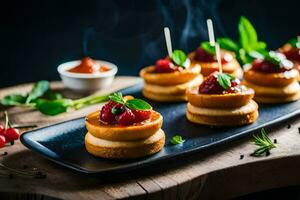 pequeno bolos com cerejas e hortelã em uma Preto placa. gerado por IA foto