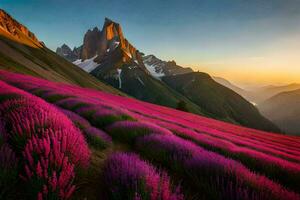 a Sol sobe sobre a montanhas e lavanda Campos. gerado por IA foto