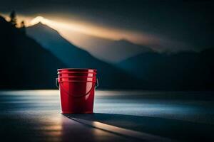uma vermelho balde senta em a chão dentro frente do uma montanha. gerado por IA foto