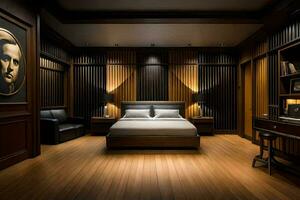 uma quarto com de madeira painéis e uma cama. gerado por IA foto