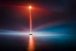 uma barco dentro a oceano com uma luz viga chegando a partir de isto. gerado por IA foto