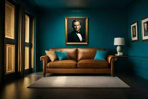 uma couro sofá dentro uma quarto com azul paredes e uma retrato do uma cara. gerado por IA foto