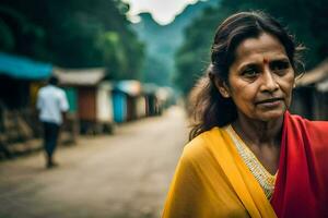 uma mulher dentro uma sari carrinhos dentro a meio do uma estrada. gerado por IA foto