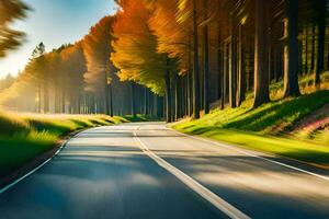 uma estrada dentro a floresta com árvores e Sol. gerado por IA foto