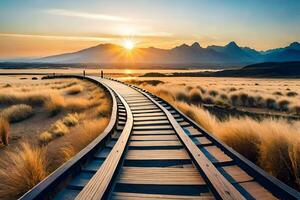 uma Ferrovia rastrear dentro a meio do uma deserto. gerado por IA foto