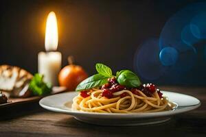 espaguete com tomate molho e manjericão em uma placa. gerado por IA foto