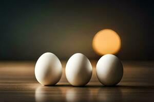 três ovos em uma mesa com uma luz dentro a fundo. gerado por IA foto