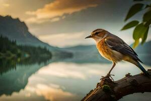 uma pássaro senta em uma ramo perto uma lago. gerado por IA foto