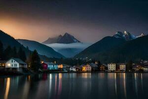 uma lago e montanhas às noite com casas. gerado por IA foto