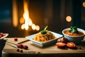 uma mesa com dois taças do espaguete e uma tigela do tomate molho. gerado por IA foto
