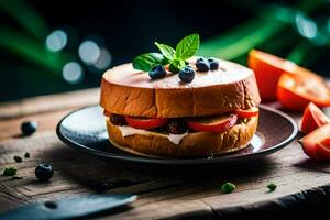 uma sanduíche com tomates e queijo em uma placa. gerado por IA foto