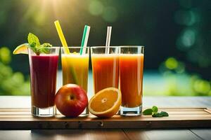 quatro óculos do suco com palhas e fruta. gerado por IA foto