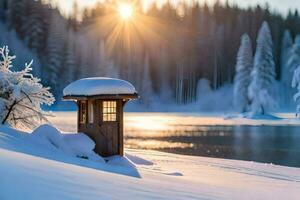 uma pequeno cabana senta dentro a neve perto uma lago. gerado por IA foto