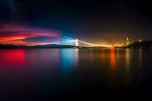 a ponte às noite com colorida luzes. gerado por IA foto