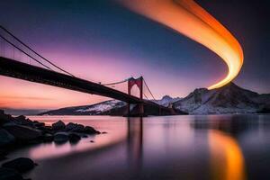 a dourado ponte, Noruega, pôr do sol, ponte, paisagem, panorama fotografia, panorama fotografia,. gerado por IA foto