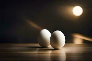 dois ovos em uma mesa dentro frente do uma claro. gerado por IA foto
