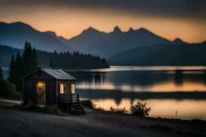 uma pequeno cabine senta em a costa do uma lago às pôr do sol. gerado por IA foto