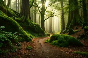 uma caminho através uma verde floresta com musgoso árvores gerado por IA foto