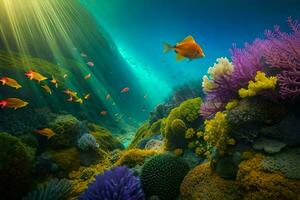 a oceano é cheio do colorida coral e peixe. gerado por IA foto