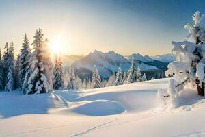 neve coberto árvores e montanhas às pôr do sol. gerado por IA foto