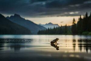 uma rã sentado em a costa do uma lago às pôr do sol. gerado por IA foto