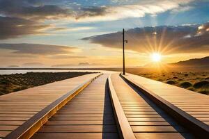uma de madeira passarela conduz para a oceano às pôr do sol. gerado por IA foto