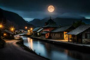 foto papel de parede a lua, noite, Vila, rio, lua, rio, luar, lua. gerado por IA