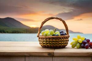 uvas, cesta, pôr do sol, montanhas, fruta, cesta, cesta cesta hd papel de parede. gerado por IA foto