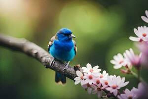 uma azul pássaro senta em uma ramo do uma árvore. gerado por IA foto