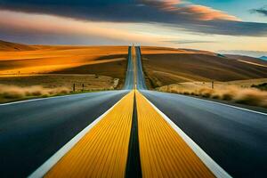 uma grandes estrada com amarelo linhas e uma pôr do sol. gerado por IA foto