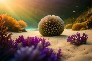 a Sol brilha sobre uma coral recife e a anêmona. gerado por IA foto