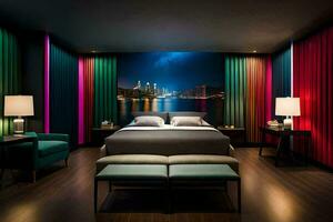 uma quarto com uma cama, mesinhas de cabeceira e uma parede do colorida cortinas. gerado por IA foto