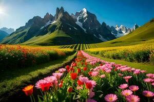 uma campo do flores e montanhas dentro a fundo. gerado por IA foto