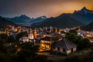 uma Cidade dentro a montanhas às crepúsculo com montanhas dentro a fundo. gerado por IA foto