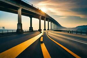 uma ponte com uma grandes ponte e uma estrada. gerado por IA foto