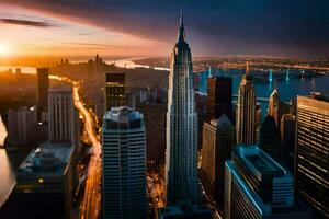 a Sol conjuntos sobre Novo Iorque cidade. gerado por IA foto