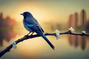 uma azul pássaro senta em uma ramo perto uma corpo do água. gerado por IA foto