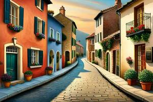 uma pintura do uma rua com colorida casas. gerado por IA foto