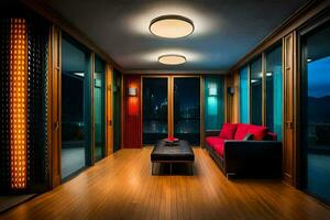 uma quarto com uma vermelho sofá e uma luz acessório. gerado por IA foto