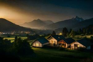 uma casa dentro a montanhas às crepúsculo. gerado por IA foto